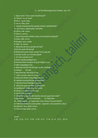 2 – sinf atrofimizdagi olam fanidan test. yn — DOCX