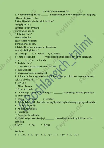 2 - sinf odobnoma test. yn — DOCX