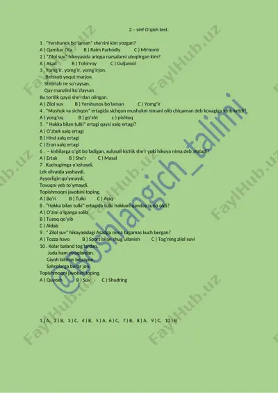 2 - sinf o'qish test — DOCX