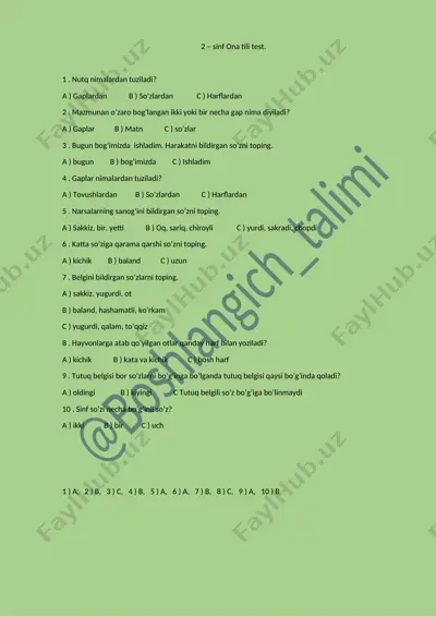 2 - sinf ona tili test — DOCX