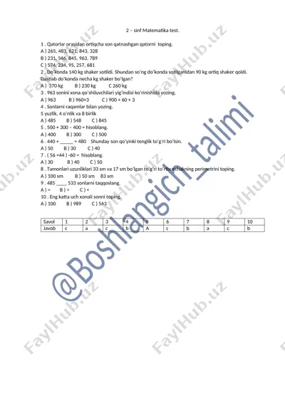 2- sinf matematika test 2 n — DOCX