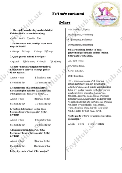fe'l so'z turkumiga doir test — PDF