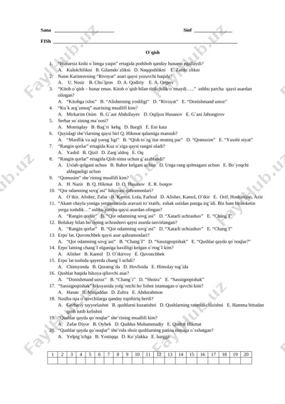 2-chorak testlari ona tili, o`qish, tabiat, matem — DOCX