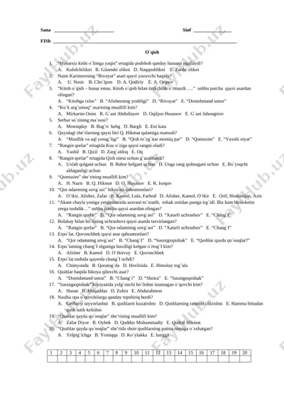 2-chorak testlari ona tili, o`qish — DOCX