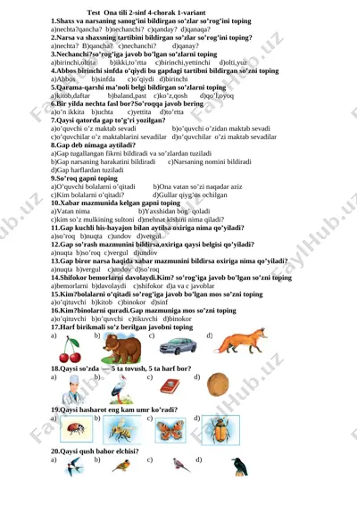 test ona tili 2-sinf 4-chorak 2019 — DOCX