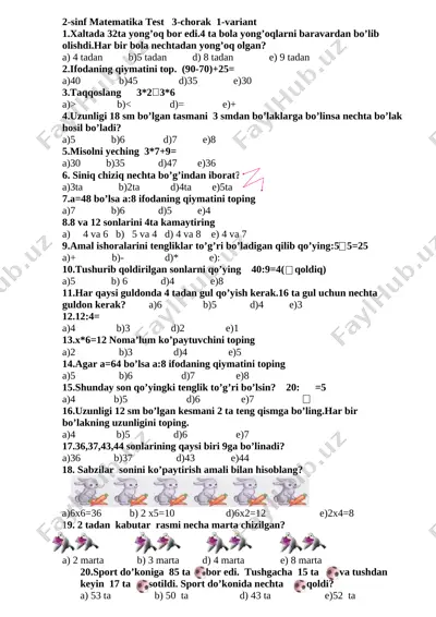 2-sinf matematika 3-chorak test 2019 — DOCX