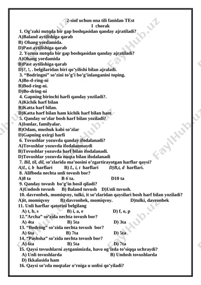2-sinf ona tili test — DOCX