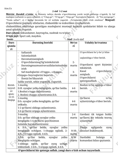 2-sinf jismoniy tarbiya kospekt — DOCX