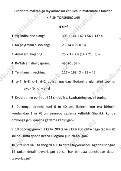 4-sinf kirish testi — PDF