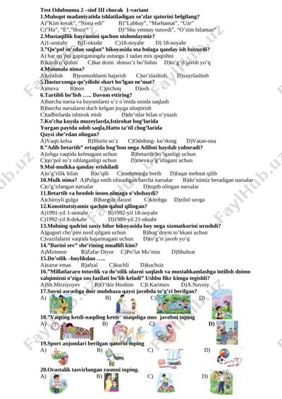 test odobnoma 2-sinf 3-chorak 2019 — DOCX
