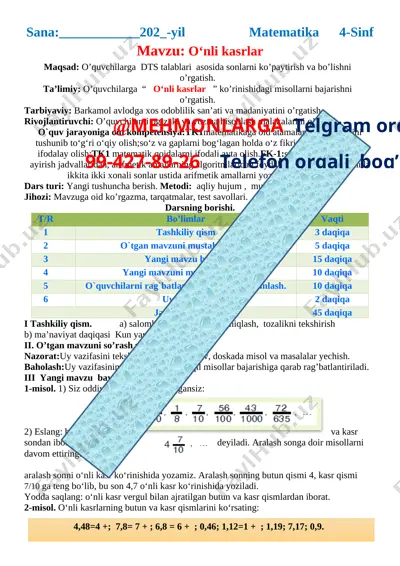 4-chorak 4-ssinf matematik konspekt 2021 — DOCX