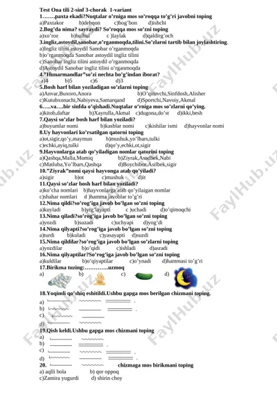 test ona tili 2 sinf 3-chorak 2019 — DOCX