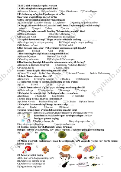 test 2 sinf o'qish 3-chorak 2019 — DOCX