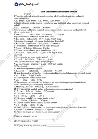 @talim_fidoiylari_kanali___4-sinf-tabiat test-savollari — PDF