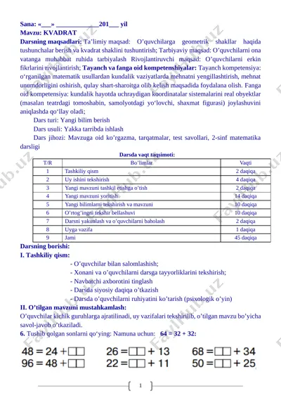 2-sinf matematika 2-chork konspekt yangi 2019 — DOCX