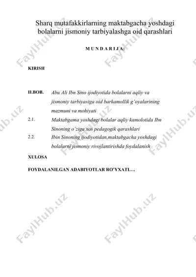 sharq mutafakkirlarning maktabgacha yoshdagi bolalarni jismoniy tarbiyalashga oid qarashlari — DOC