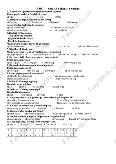 4-ona tili test — DOCX