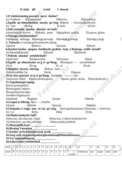 4-sinf 1-2-3-4-chorak test — DOCX