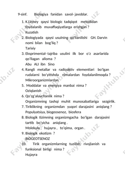 9-sinf biologiya fani savol-javob — DOCX