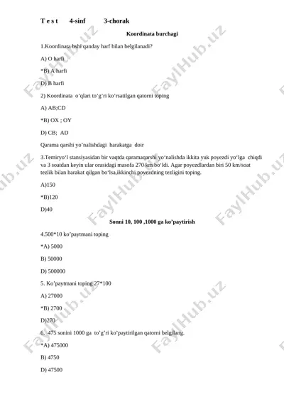 4-sint 3-chorak matematika test — DOCX