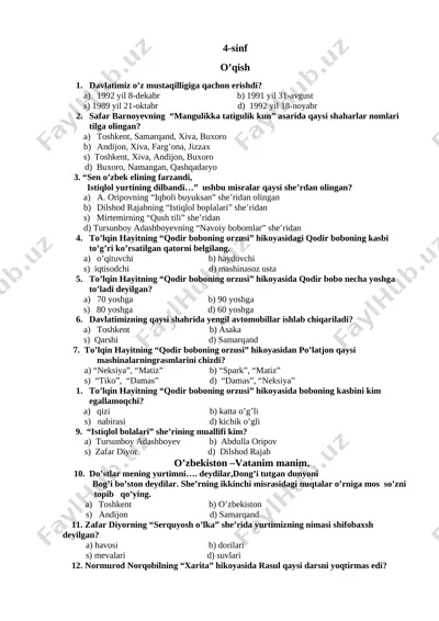 4-sinf test barcha fanlar — DOCX