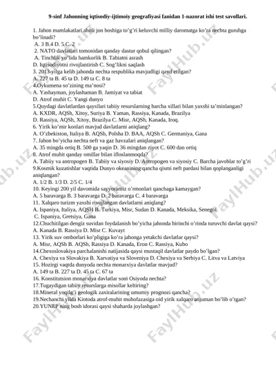 9-sinf un 1-nazorat ishi geografiya — DOCX