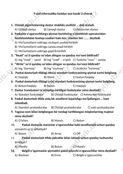 9-sinf 2-chorak test banki informatika — DOCX