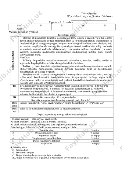 9-sinf algebra 2-chorak 2019-2020 — DOCX