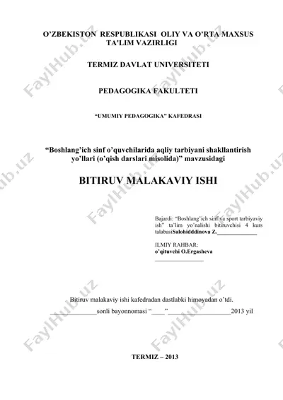 boshlang'ich sinf o'quvchilarida aqliy tarbiyani shakllantirish yo'llari bmi — DOC