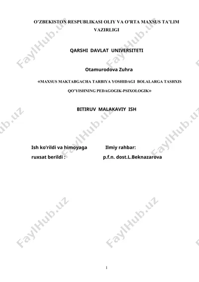 maxsus maktabgacha tarbiya yoshidagi  bolalarga tashxis qo’yishning pedagogik-psixologik — DOC