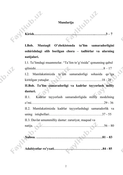 mustaqil o’zbekistonda ta’lim samaradorligini oshirishdagi olib borilgan chora – tadbirlar va ularning natijalari — DOC