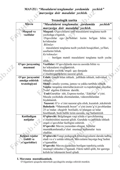 masalalarni tenglamalar yordamida yechish” mavzusiga doir masalalar yechish — DOC