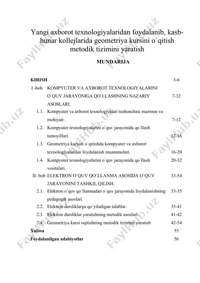 yangi axborot texnologiyalaridan foydalanib, kasb-hunar kollejlarida geometriya kursini o`qitish metodik tizimini yaratish — DOC