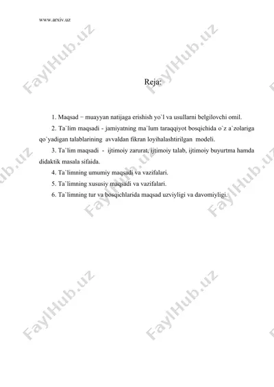 ta`lim maqsadi, uning ta`lim mazmuni, usuli va vositalari bilan aloqadorligi — DOC