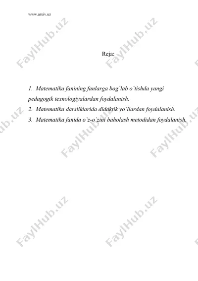 matematika fanining o`ziga xos xususiyatlarini tushuntirishda pedagogik texnologiyalarni qo`llash — DOC