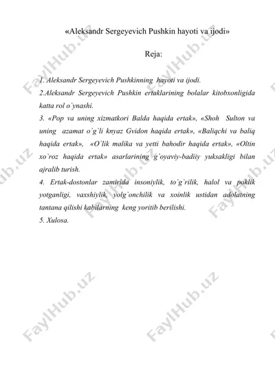 «aleksandr sergeyevich pushkin hayoti va ijodi» — DOC