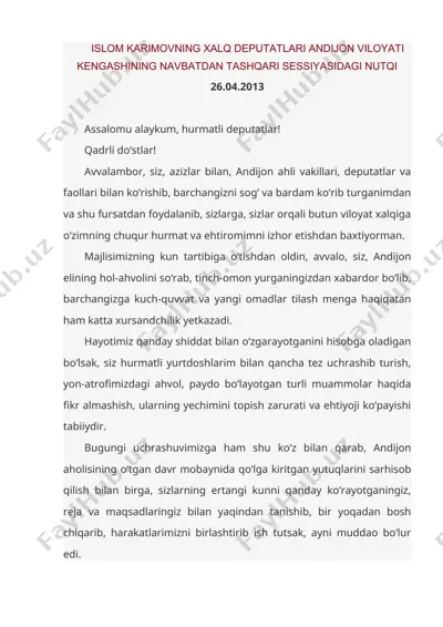 islom karimovning xalq deputatlari andijon viloyati kengashining navbatdan tashqari sessiyasidagi nutqi 26.04.2013 — DOC