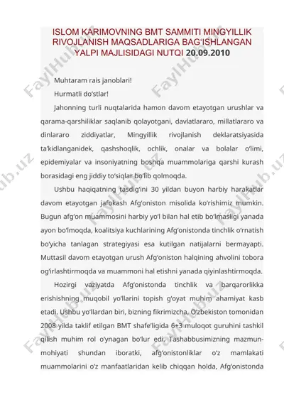 islom karimovning bmt sammiti mingyillik rivojlanish maqsadlariga bag‘ishlangan yalpi majlisidagi nutqi 20.09.2010 — DOC