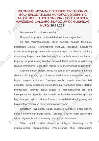 islom karimovning “o‘zbekistonda ona va bola salomatligini muhofaza qilishning milliy modeli sog‘lom ona – sog‘lom bola 26.11.2011 — DOC