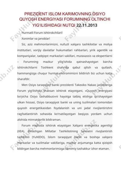 prezident islom karimovning osiyo quyosh energiyasi forumining oltinchi yig‘ilishidagi nutqi 22.11.2013 — DOC