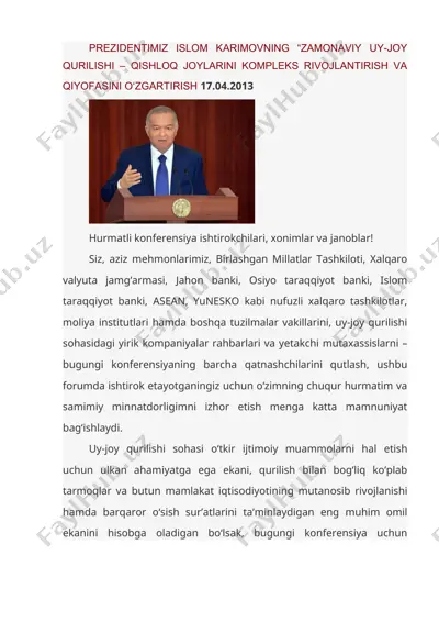 prezidentimiz islom karimovning “zamonaviy uy-joy qurilishi – qishloq joylarini kompleks rivojlantirish va qiyofasini o‘zgartirish 17.04.2013 — DOC