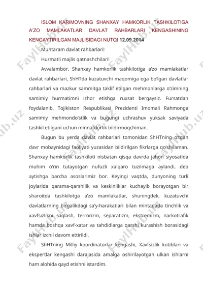 islom karimovning shanxay hamkorlik tashkilotiga a’zo mamlakatlar davlat rahbarlari kengashining kengaytirilgan majlisidagi nutqi 12.09.2014 — DOC