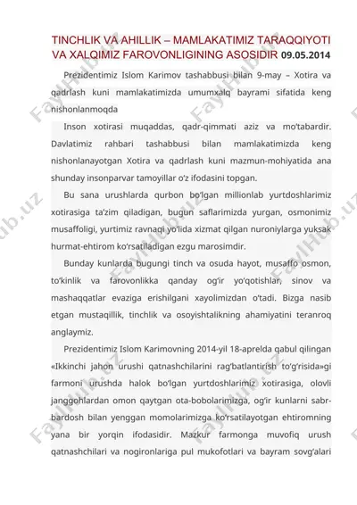 tinchlik va ahillik – mamlakatimiz taraqqiyoti va xalqimiz farovonligining asosidir 09.05.2014 — DOC