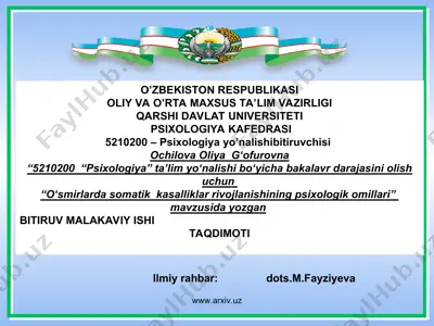 o‘smirlarda somatik kasalliklar rivojlanishining psixologik omillari — PPT