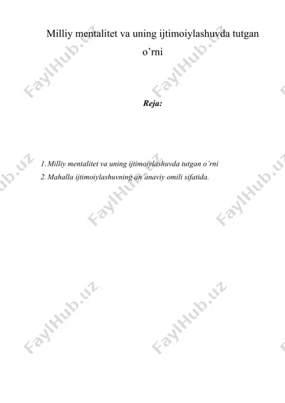 milliy mеntаlitеt vа uning ijtimоiylаshuvdа tutgаn o’rni — DOC