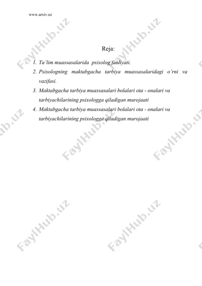 psixologning maktabgacha tarbiya muassasasidagi olib boradigan ishlari — DOC
