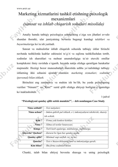 marketing xizmatlarini tashkil etishning psixologik mexanizmlari( sanoat va ishlab chiqarish sohalari misolida ) — DOC