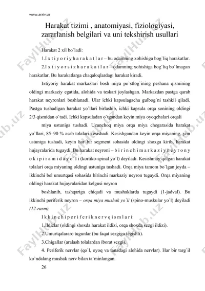 harakat tizimi , anatomiyasi, fiziologiyasi, zararlanish belgilari va uni tekshirish usullari — DOC