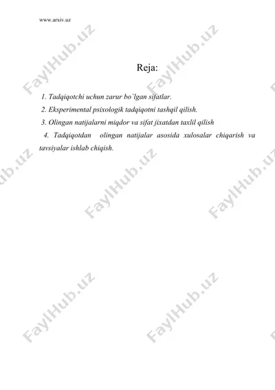 ekspеrimеntаl psiхоlоgik tadqiqotarni tаshqil qilish, o`tkazish va оlingаn nаtijаlarni qayta ishlаsh — DOC
