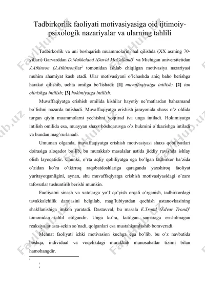 tadbirkorlik faoliyati motivasiyasiga oid ijtimoiy-psixologik nazariyalar va ularning tahlili — DOC
